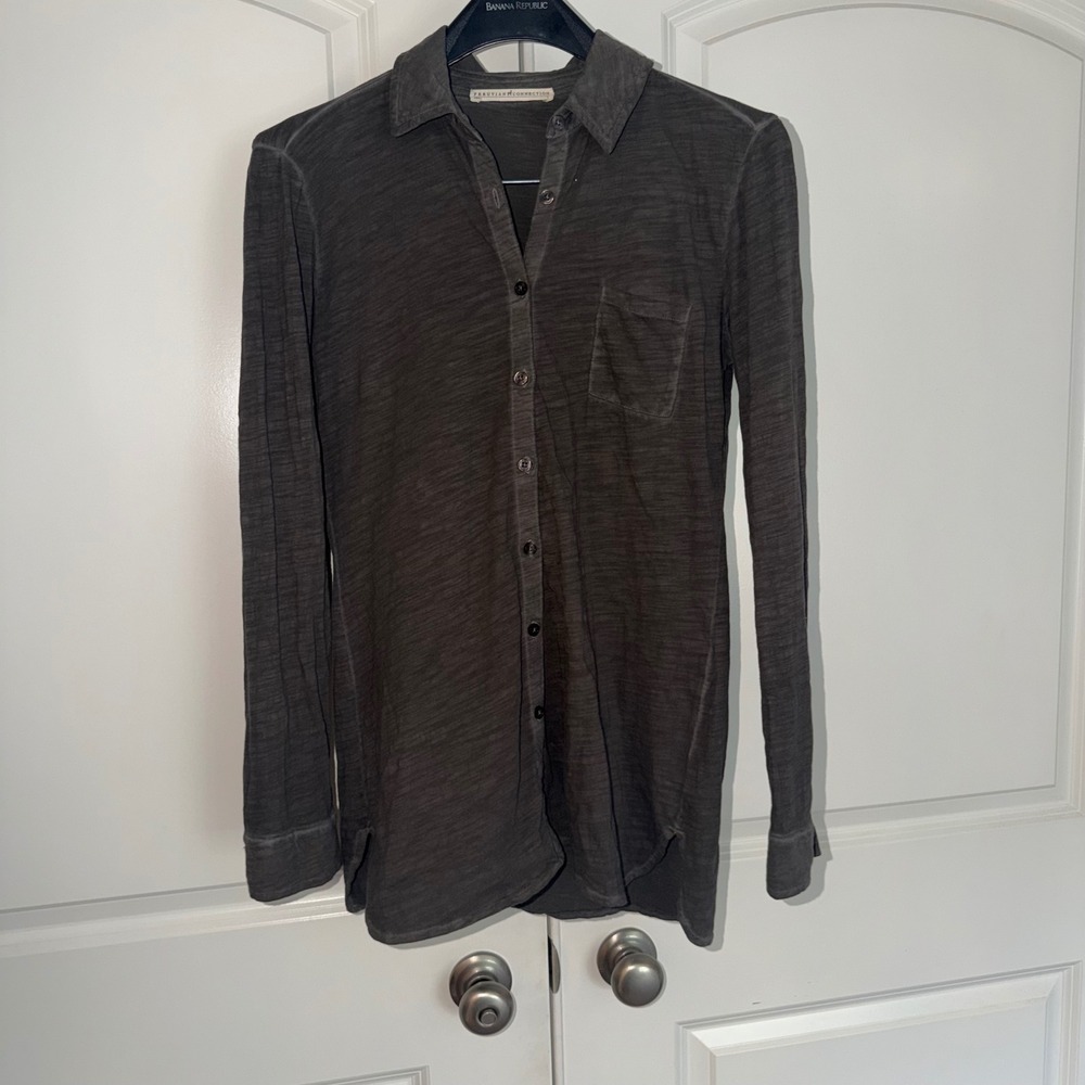 Peruvian Connection Gray Cotton Slub Knit Button Down Shirt Long Sleeve Small
